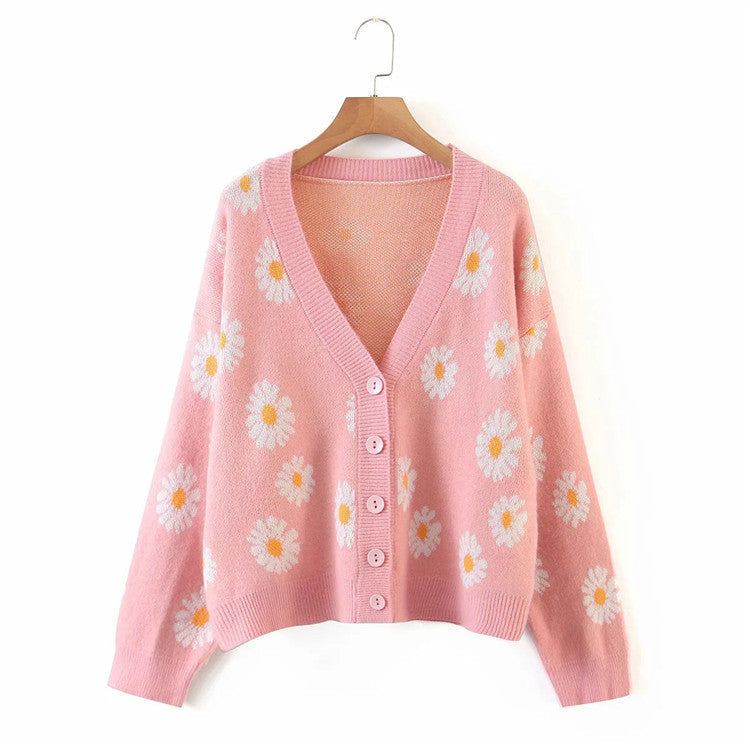 2021 new college wind flower knit jacket loose V-legged spring autumn sweater cardigan women's shirt short baby magazin 