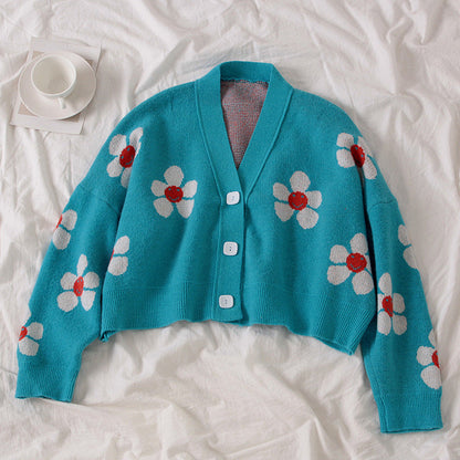 2021 new college wind flower knit jacket loose V-legged spring autumn sweater cardigan women's shirt short baby magazin 