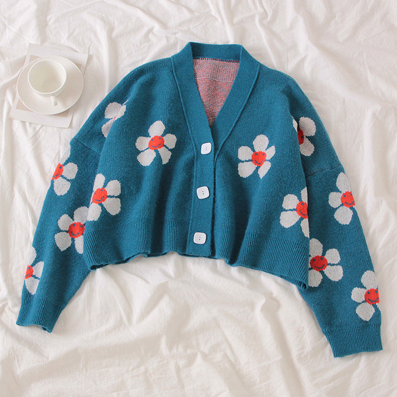 2021 new college wind flower knit jacket loose V-legged spring autumn sweater cardigan women's shirt short baby magazin 