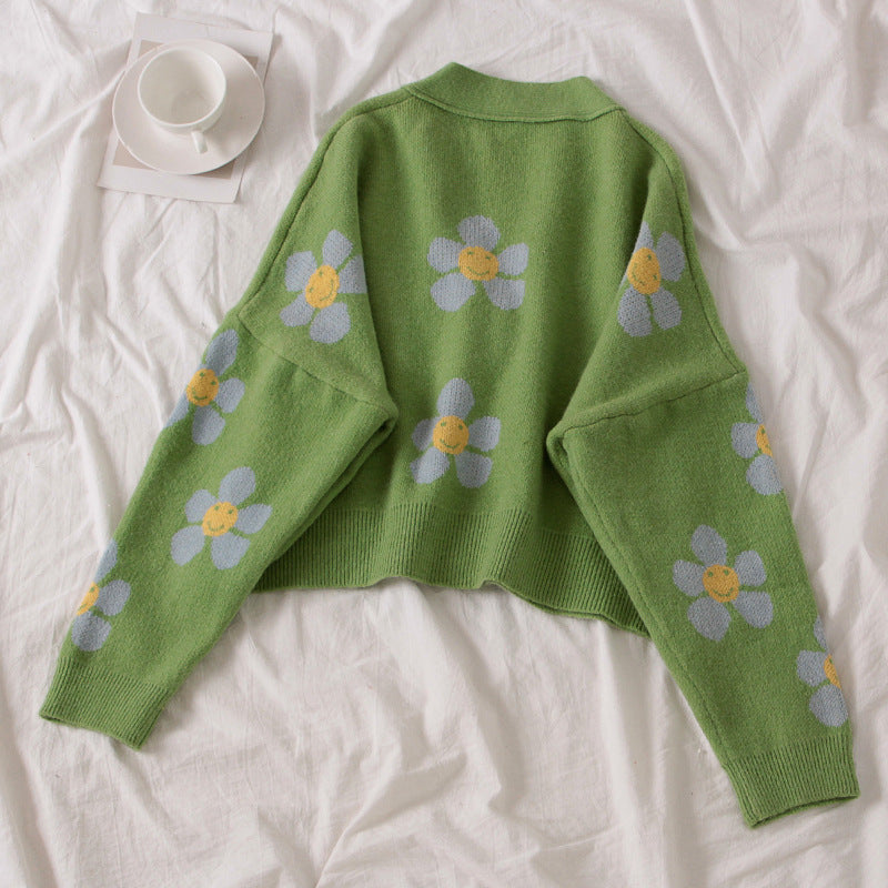 2021 new college wind flower knit jacket loose V-legged spring autumn sweater cardigan women's shirt short baby magazin 