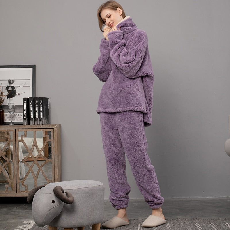 ATUENDO Winter Warm Velvet Purple Pajama Set for Women 100% Flannel Atoff Home Satin Sleepwear Fashion Plush Silk Soft Nightwear baby magazin 