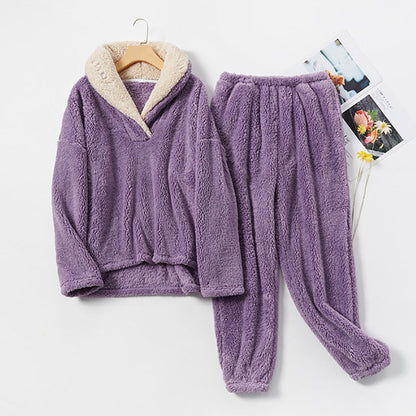 ATUENDO Winter Warm Velvet Purple Pajama Set for Women 100% Flannel Atoff Home Satin Sleepwear Fashion Plush Silk Soft Nightwear baby magazin 
