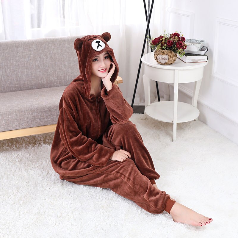 Bear Onesie Women Men Kigurumis Animal Pajama Cartoon Slippers Festival Homewear Winter Warm Suit Zipper Button Overalls baby magazin 
