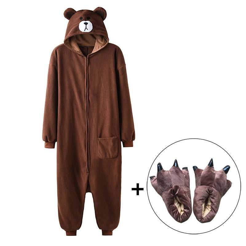 Bear Onesie Women Men Kigurumis Animal Pajama Cartoon Slippers Festival Homewear Winter Warm Suit Zipper Button Overalls baby magazin 