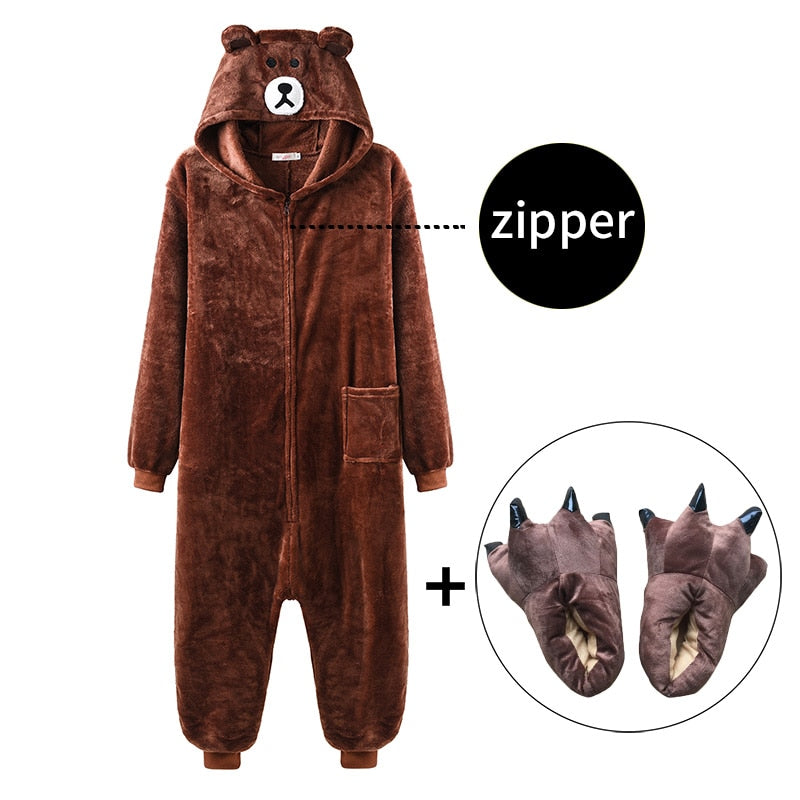 Bear Onesie Women Men Kigurumis Animal Pajama Cartoon Slippers Festival Homewear Winter Warm Suit Zipper Button Overalls baby magazin 