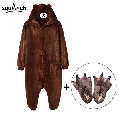 Bear Onesie Women Men Kigurumis Animal Pajama Cartoon Slippers Festival Homewear Winter Warm Suit Zipper Button Overalls baby magazin 