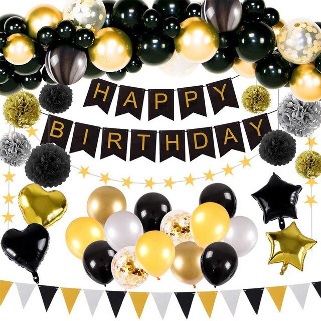 Black Golden Foil Balloons Happy Birthday Party Decorations for Adult Banner Tissue Paper PomPoms Anniversary Gift Supplies baby magazin 