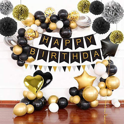 Black Golden Foil Balloons Happy Birthday Party Decorations for Adult Banner Tissue Paper PomPoms Anniversary Gift Supplies baby magazin 