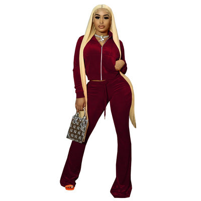 Custom Logo Fall Sweatsuit Women Outfits Autumn Crop Top Wide Leg Pants Sets Two Pieces Velvet Velour Lady Tracksuits For Women baby magazin 