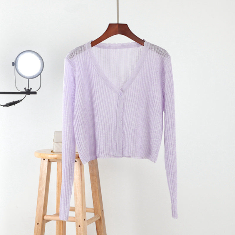 Spring and summer knit sweater female loose wear thin section hollow outer air conditioning shirt short ice silk sunscreen jacket baby magazin 