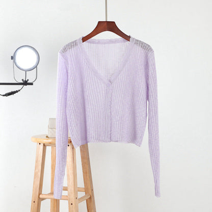 Spring and summer knit sweater female loose wear thin section hollow outer air conditioning shirt short ice silk sunscreen jacket baby magazin 