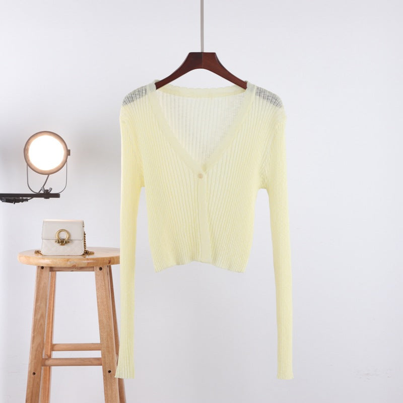 Spring and summer knit sweater female loose wear thin section hollow outer air conditioning shirt short ice silk sunscreen jacket baby magazin 